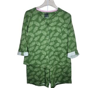 Muk Luks Pajama Set Womens Medium Green Palm Leaf Print Cotton Top Shorts 2pc